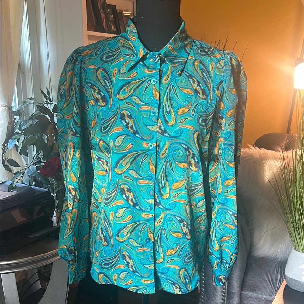 Fashion Nova Turquoise and Yellow Button Down Shirt